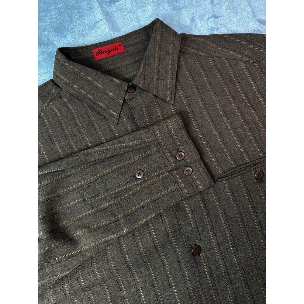 Bergati Shirt Mens XL‎ Brown Striped Button Down Long Sleeve Collared Pocket